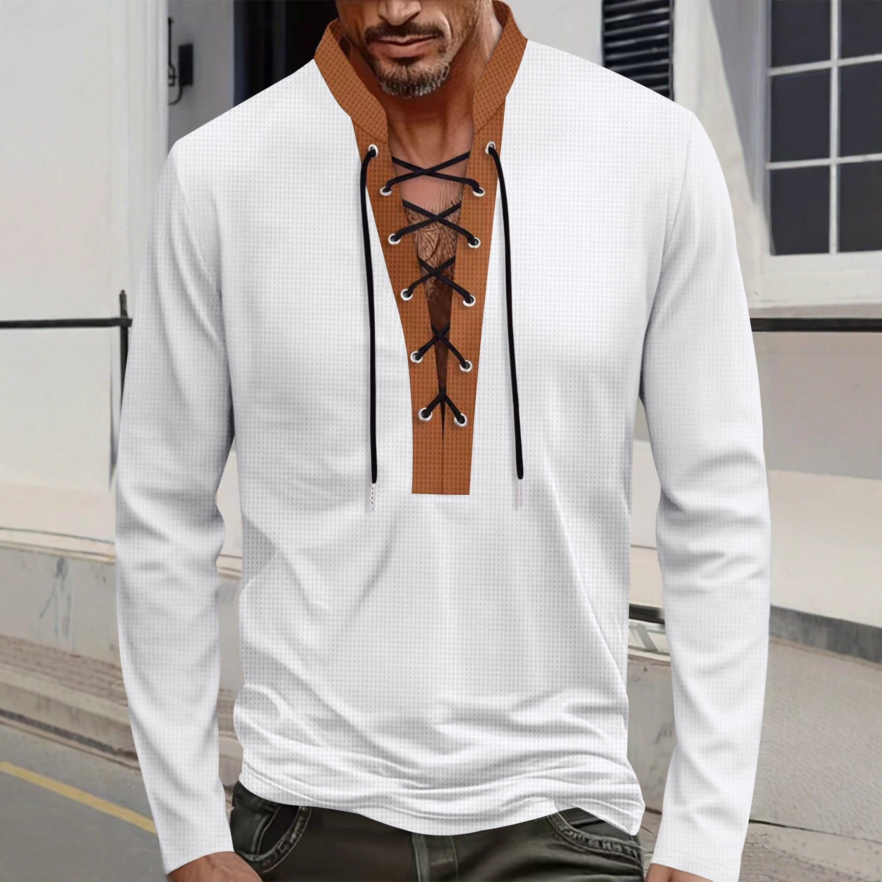 Herren Langarmshirt Modern Schnürdesign Kragen - BerlinGlamour