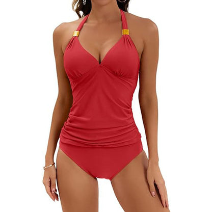Damen Tankini Badeanzug Gerafft Hochtaillier Figurformend