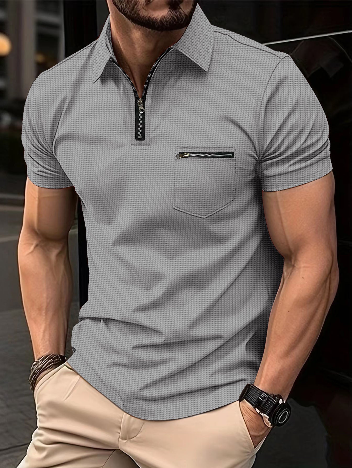 Herren Kurzarmhemd Modern mit Reißverschluss und Brusttasche