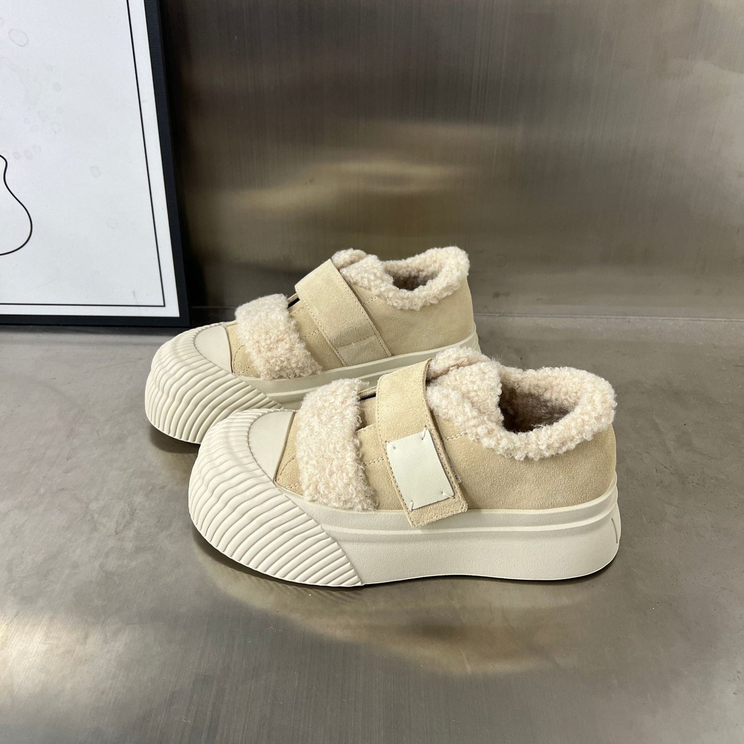 Damen Sneaker Chunky Warmfutter Klettverschluss Modern