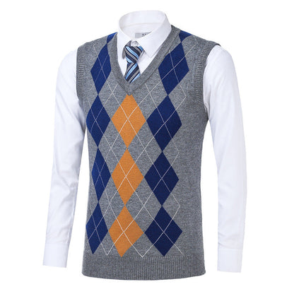 Herren Strickpullover V-Ausschnitt Rautenmuster Eleganter Pullover