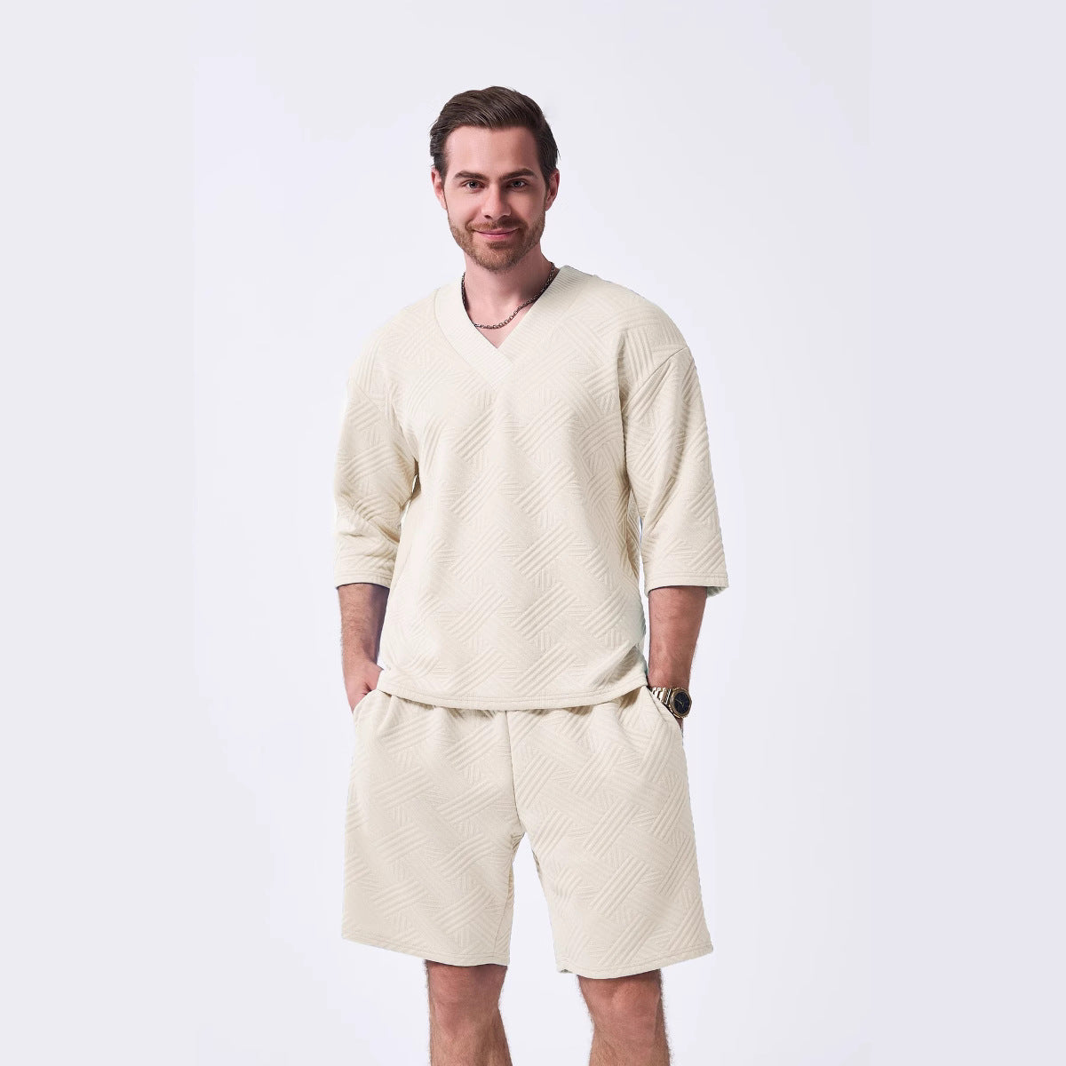 Herren Freizeit Set Lässiger V-Ausschnitt Pullover Shorts - BerlinGlamour