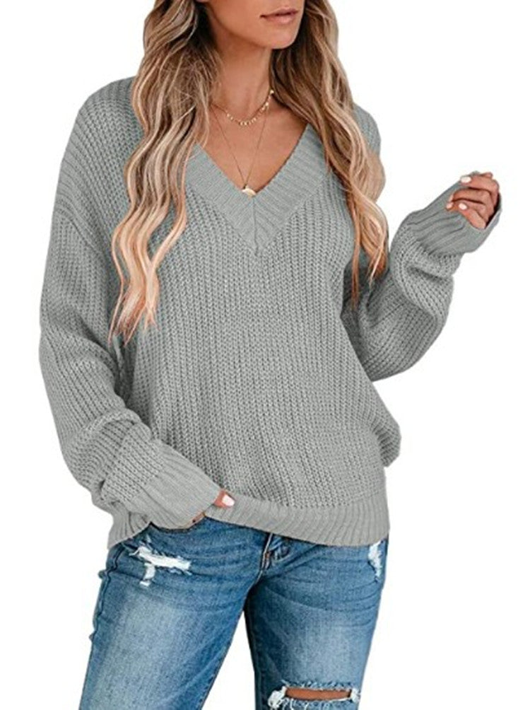 Damen Pullover Feinstrick V-Ausschnitt Lässig Elegant
