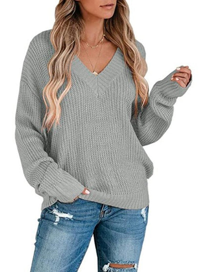 Damen Pullover Feinstrick V-Ausschnitt Lässig Elegant