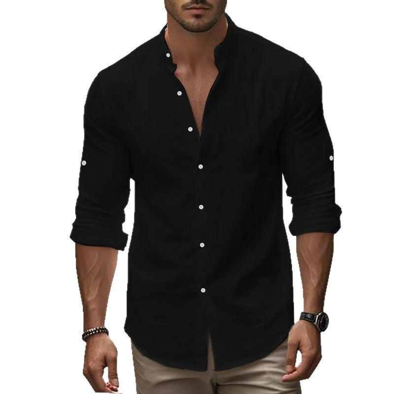 Herren Leinenhemd Langarm Mandarin Kragen Elegant