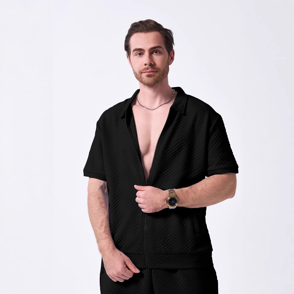 Herren Kurzarmhemd Modern mit Reißverschluss