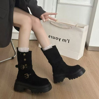 Damen Stiefeletten Bequem Chunky Schnalle Schwarz