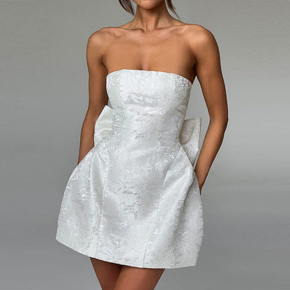 Kurzes Abendkleid Schulterfrei Champagnerfarbe Schleife