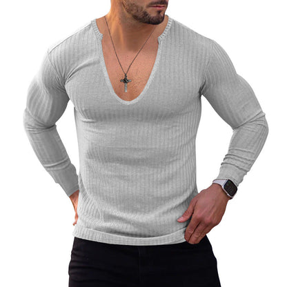 Herren Langarm-Shirt V-Ausschnitt Strukturiert Modern Trendy