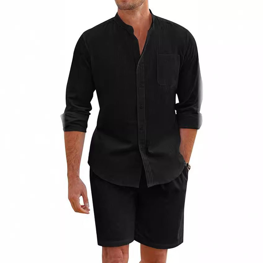 Herren Leinenanzug Kurzarm Hemd Shorts Sommer