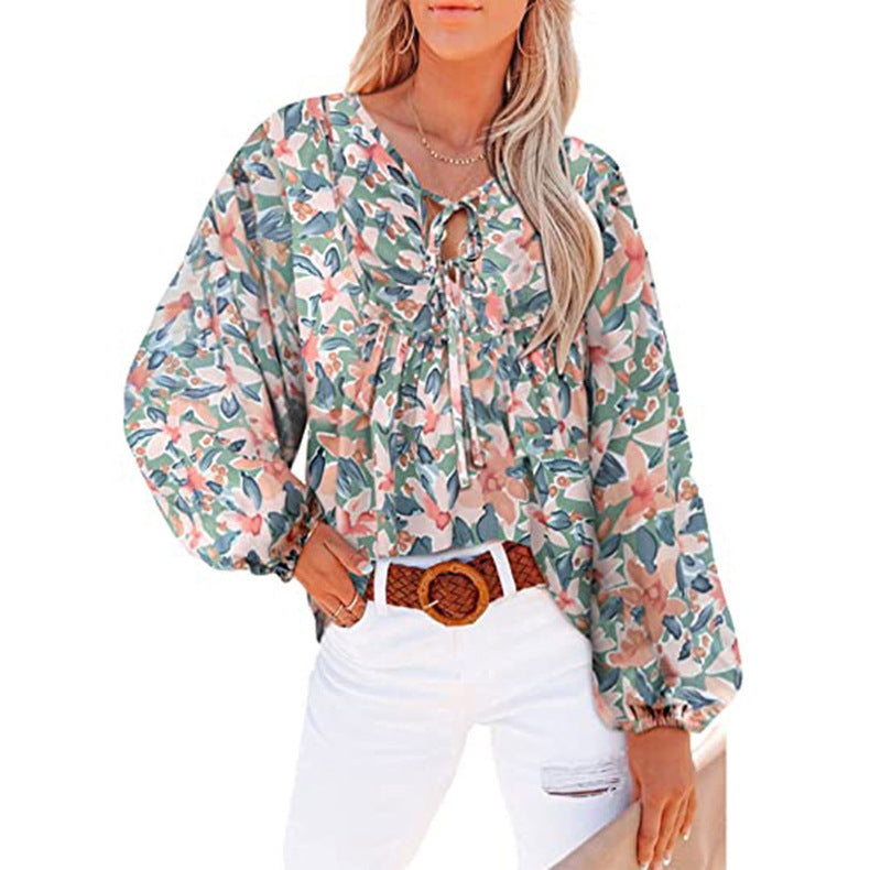 Damen Bluse mit Blumenmuster Lockere Ärmel Frauen Oberteil