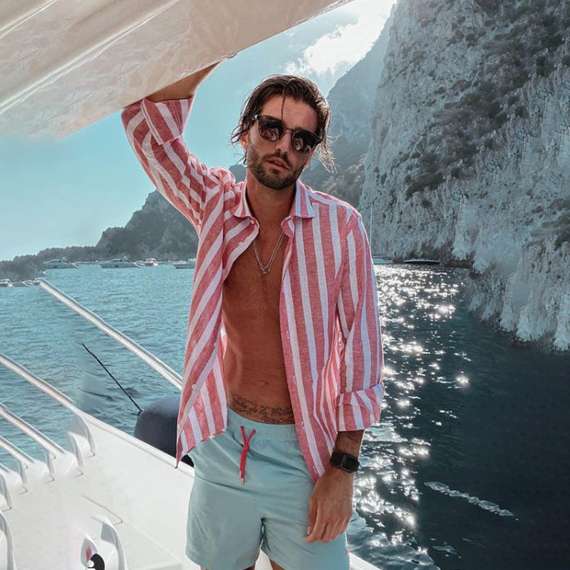 Herren Leinenhemd Gestreift Elegantes Sommerhemd