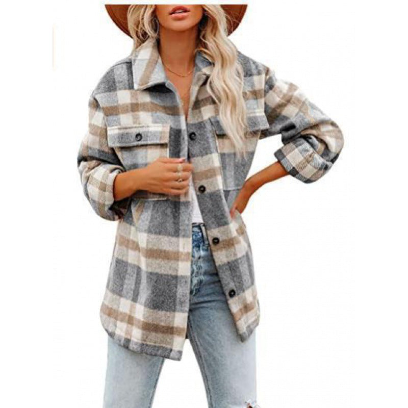 Damen Flanelljacke Karomuster Lässig Modern