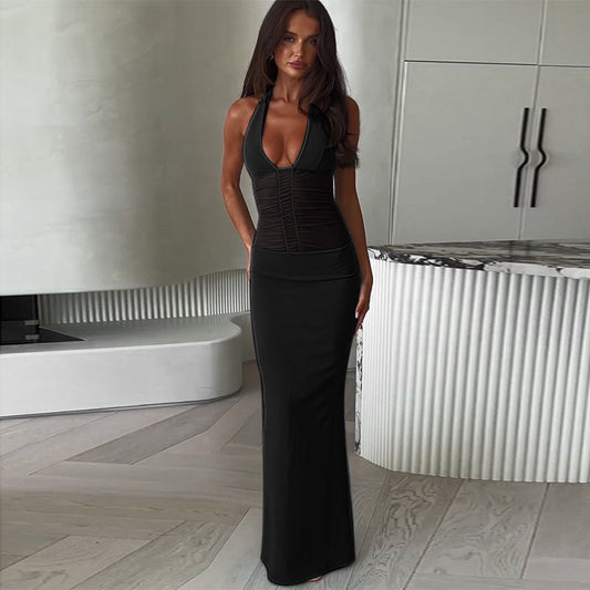 Elegantes Damen Maxikleid mit V-Ausschnitt und Raffung - BerlinGlamour