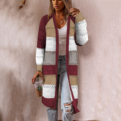 Damen Strickjacke Lang Modisch Streifenmuster Offen