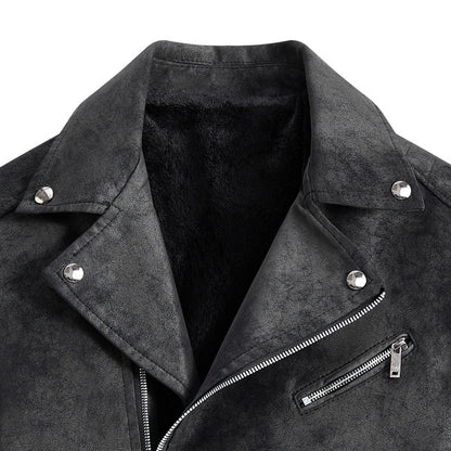 Herren Lederjacke Biker Style Reißverschluss Taschen Schwarz