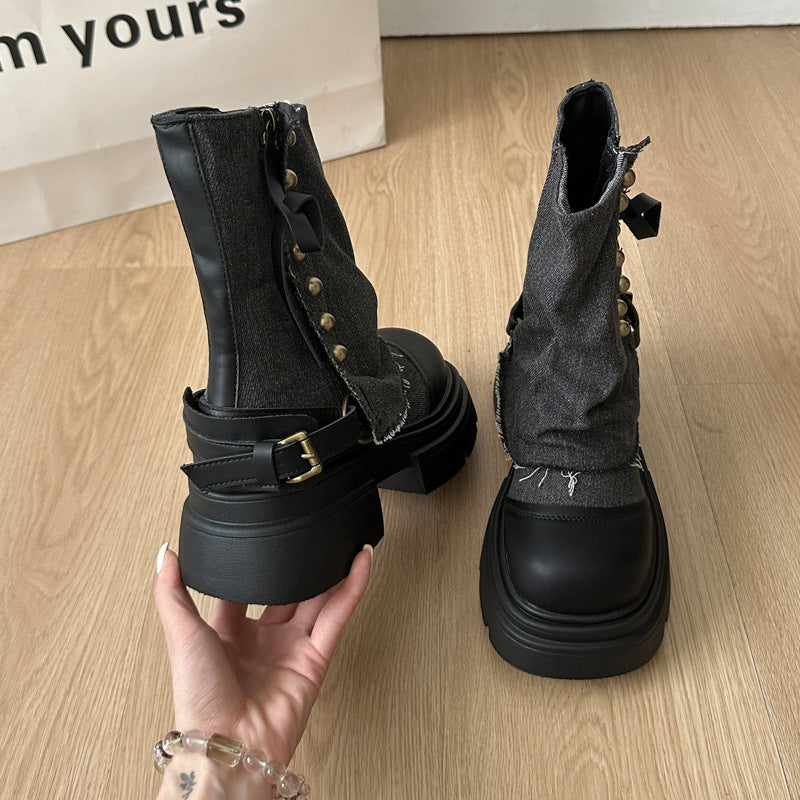 Damen Stiefeletten Chunky Robust mit Riemen Schwarz