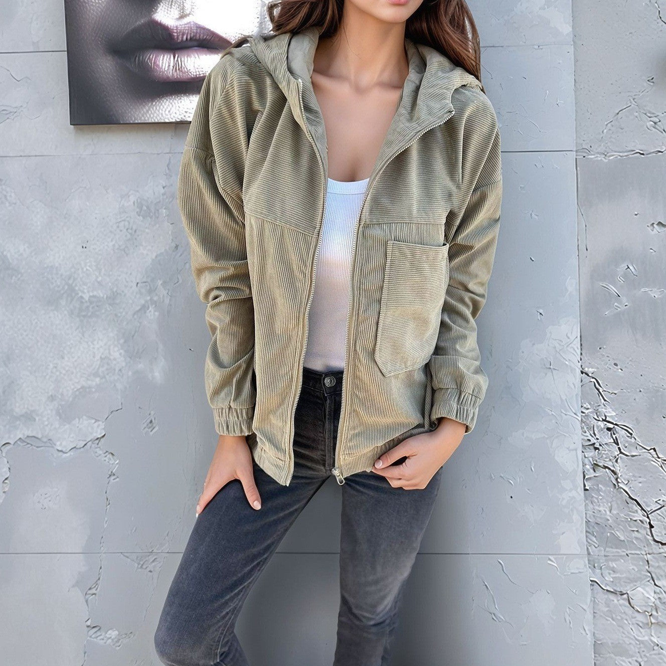 Lässige Damen Cordjacke Modern Reißverschluss - BerlinGlamour