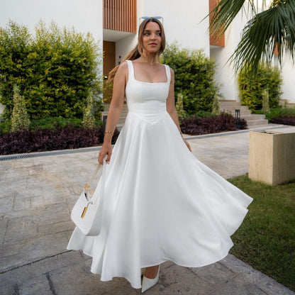 A-Linie Maxikleid Quadrat-Ausschnitt Damenkleid Lang