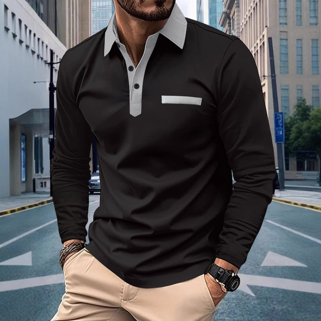 Herren Poloshirt Langarm Modern Stehkragen Kontrast Design