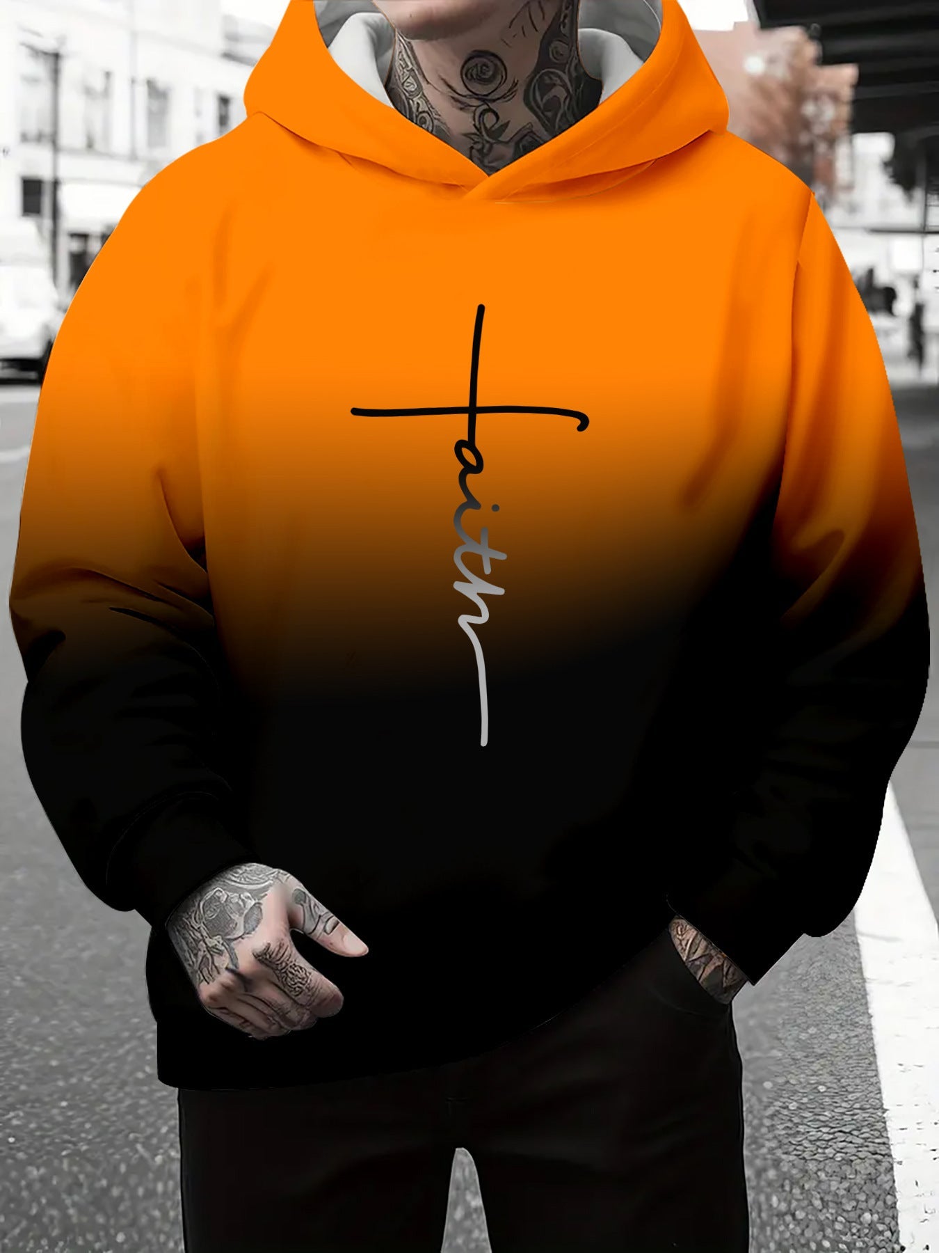 Herren Kapuzenpullover Grau Meliert mit Schriftzug