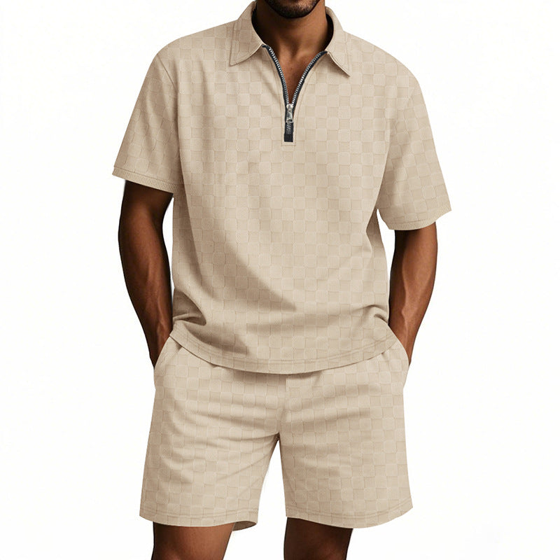 Herren Kurzarm Hemd mit Reißverschluss und Sport Shorts Sommer