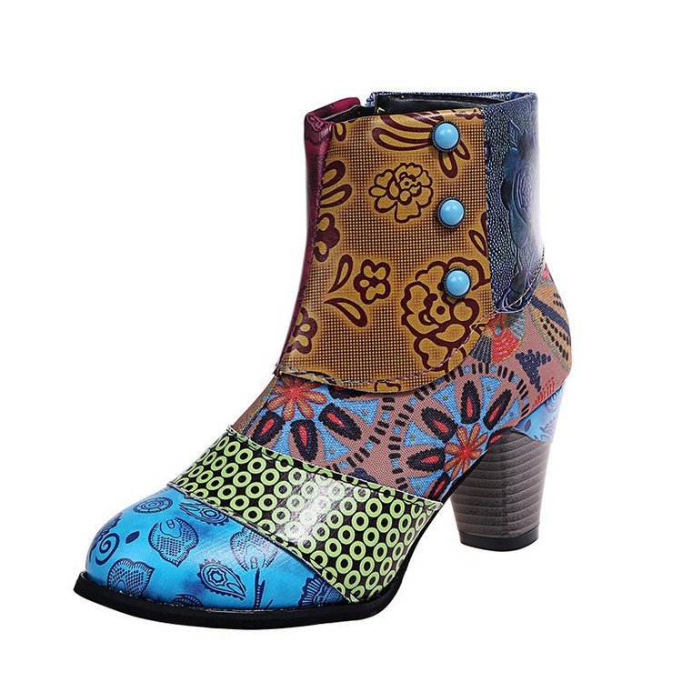 Damen Stiefeletten Elegante Floral Schuhe mit Knöpfen