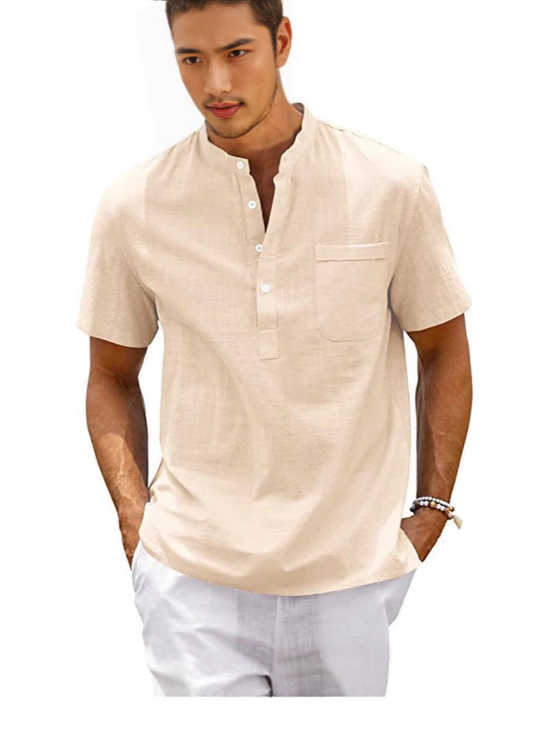 Herren Hemd Kurzarm Modern Henley Kragen mit Brusttasche