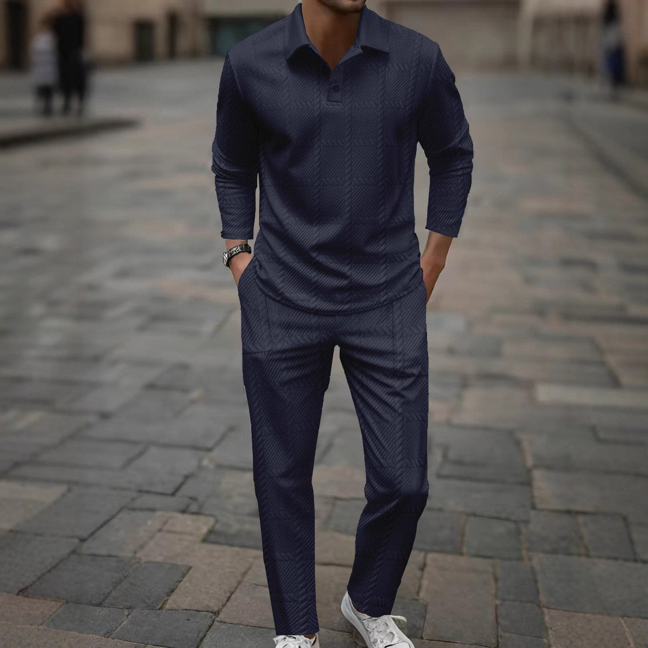 Herren Poloshirt Langarm Slim Fit Hose Set Modern