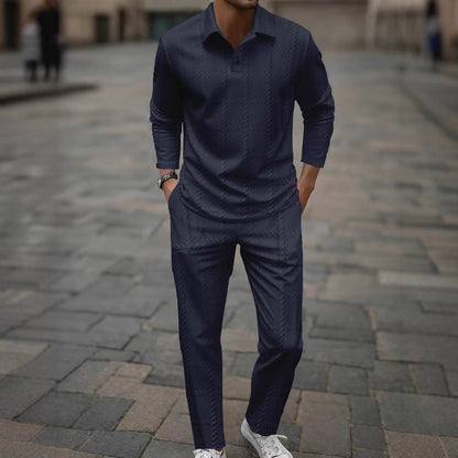 Herren Poloshirt Langarm Slim Fit Hose Set Modern