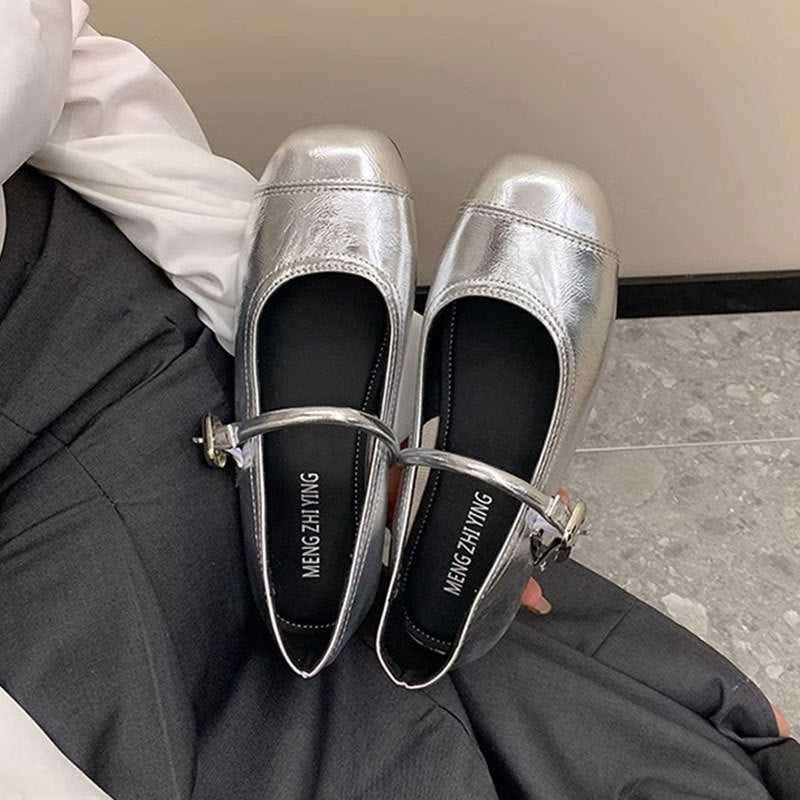 Damen Ballerinas Glänzend Schuhe Modisch mit Schnalle