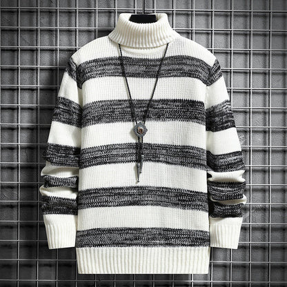 Ein Herren Strickpullover mit hohem Kragen und modernem Streifenmuster BerlinGlamour ist ein eleganter und stylischer Accessoire für den modernen Mann. Mit seinem hohen Kragen und modernen Stre