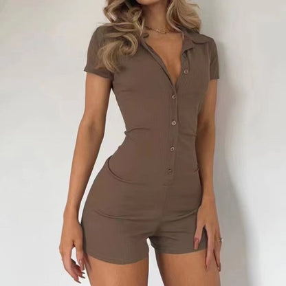 Damen Overall Kurz Modisch Polokragen Knopfverschluss Damenmode