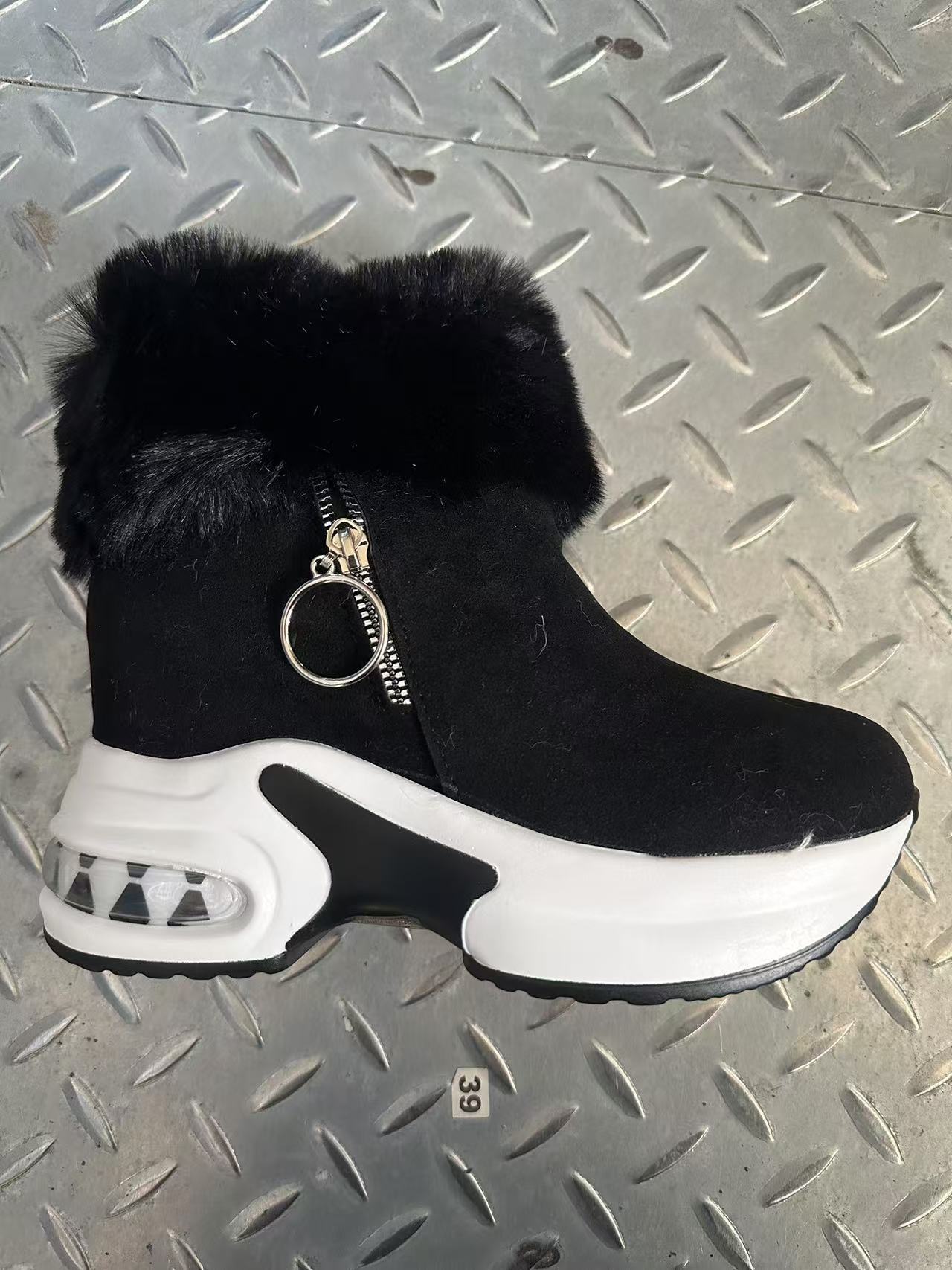 Damen Stiefel Sneaker mit Weichem Fellkragen Trendy Reißverschluss