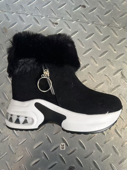 Damen Stiefel Sneaker mit Weichem Fellkragen Trendy Reißverschluss