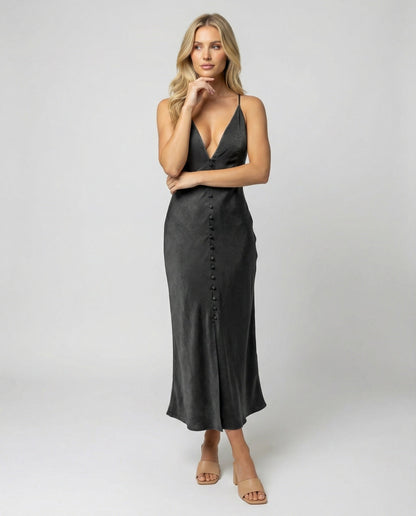 Damen Maxikleid V-Ausschnitt Knopfleiste Elegant Lang