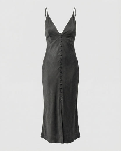 Damen Maxikleid V-Ausschnitt Knopfleiste Elegant Lang