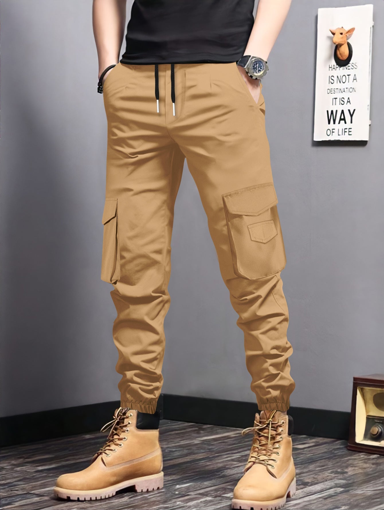 Herren Cargo-Jogginghose Elastisch Mit Taschen Schwarz
