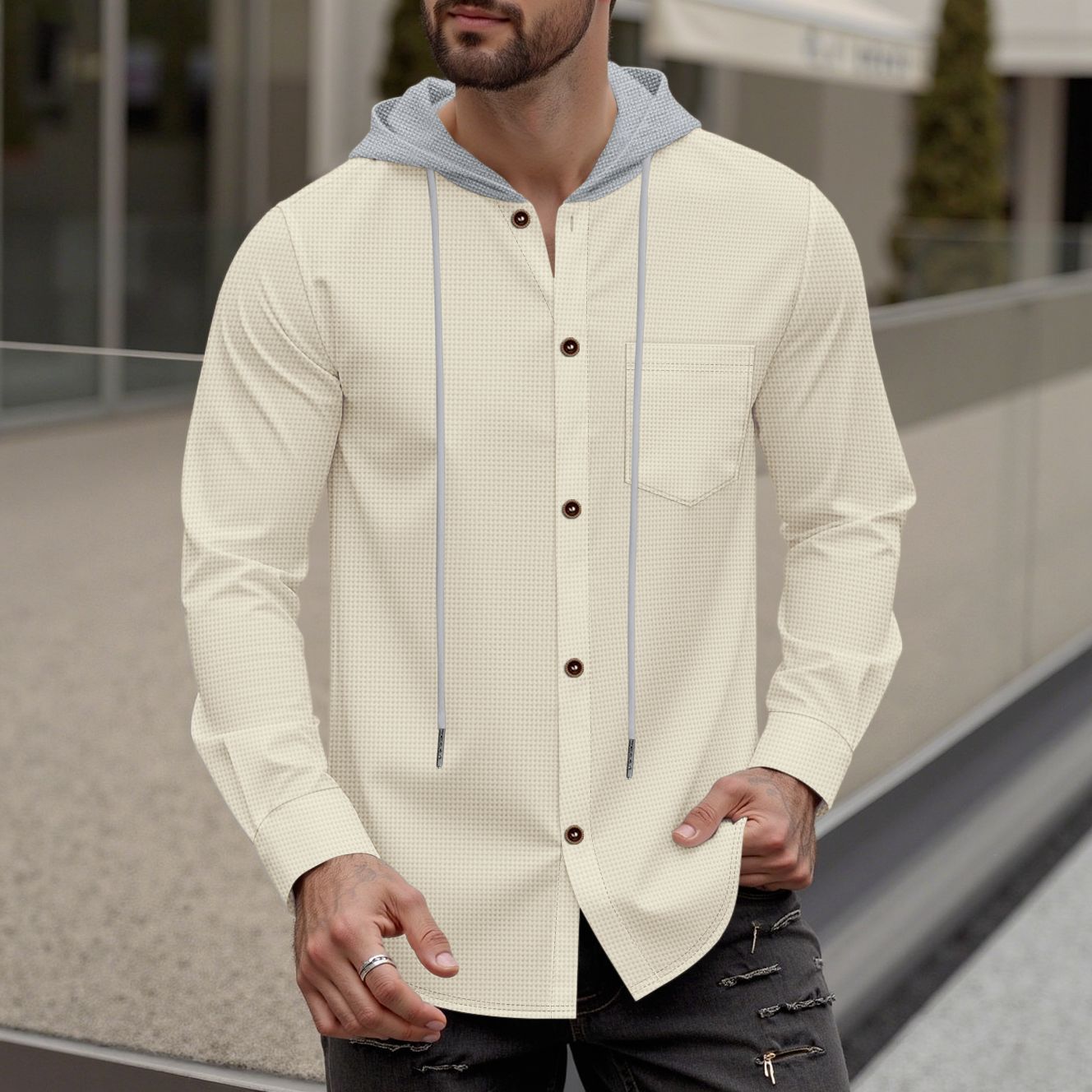 Herren Kapuzenshirt Modern mit Knopfleiste und Brusttasche