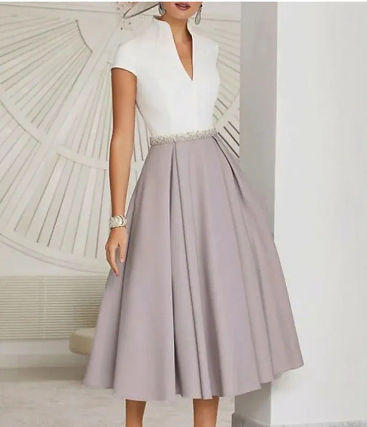 Weißes Sommerkleid V-Ausschnitt Farbblock Damenkleid - BerlinGlamour