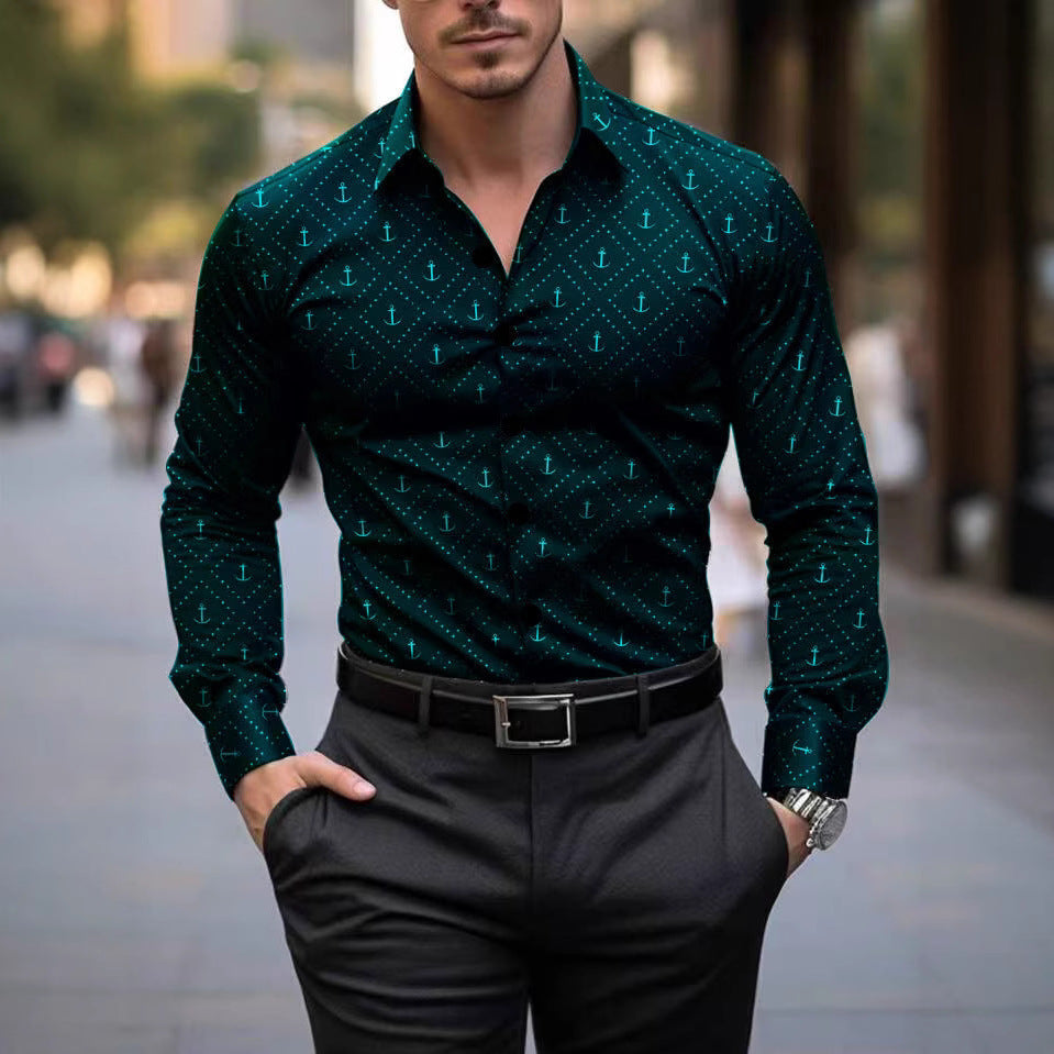 Herren Langarmhemd Maritim Anker Motiv Modern