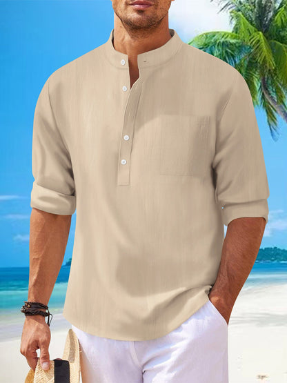 Herren Langarmhemd Modern Stehkragen mit Brusttasche Trendy