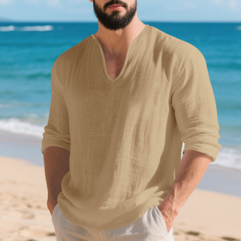 Herren Langarmshirt V-Ausschnitt Leicht Baumwolle Modern