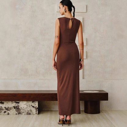 Ärmelloses Damen Maxikleid aus Satin mit Raffungen