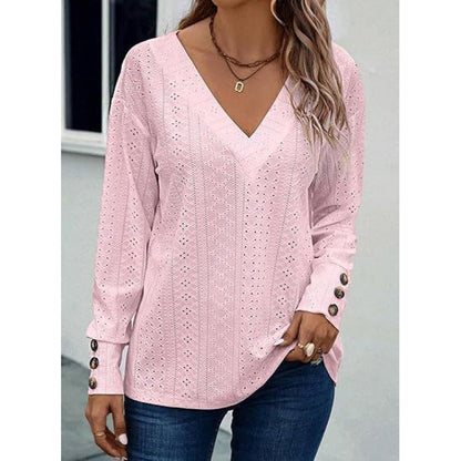 Damen Bluse V-Ausschnitt Langärmlig Gehäkelt Elegannt