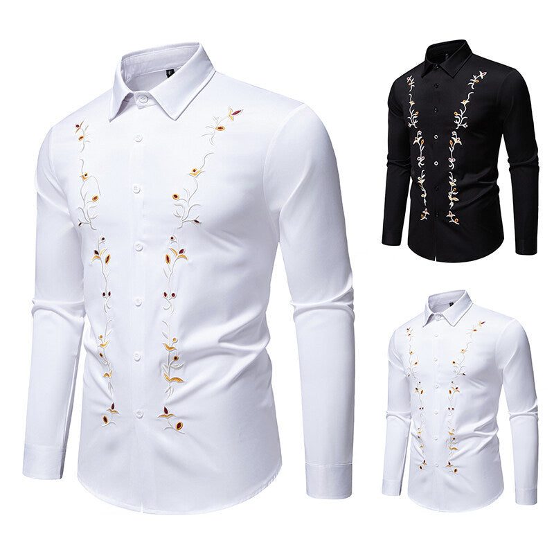 Herren Langarmhemd Modern mit Blumenstickerei