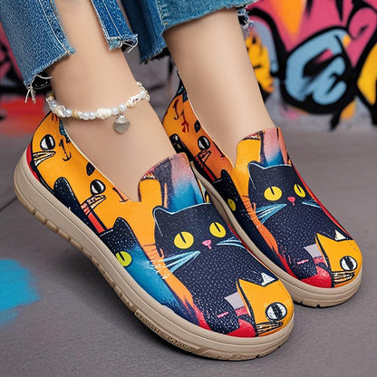 Damen Slip-On Schuhe Bunt Katzen Design Freizeit