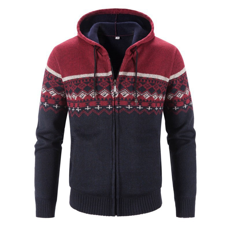 Herren Strickjacke Kapuze Elegant Grau Schwarze Muster