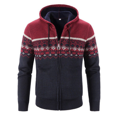Herren Strickjacke Kapuze Elegant Grau Schwarze Muster