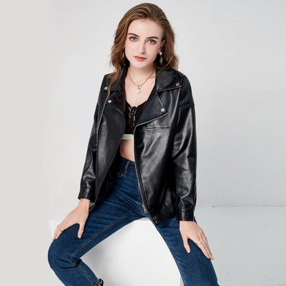 Ledermantel Damen Bikerjacke Kunstleder Schwarz